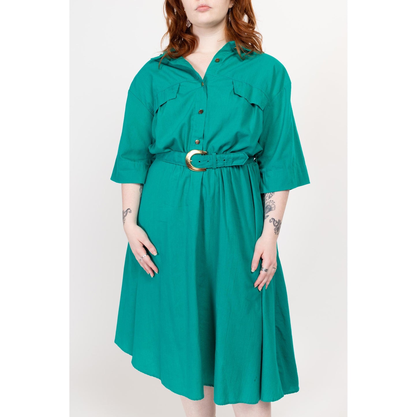 XL 90s Turquoise Belted Lightweight Midi Shirtdress | Vintage Button Up Collared 3/4 Sleeve Fit & Flare Dress