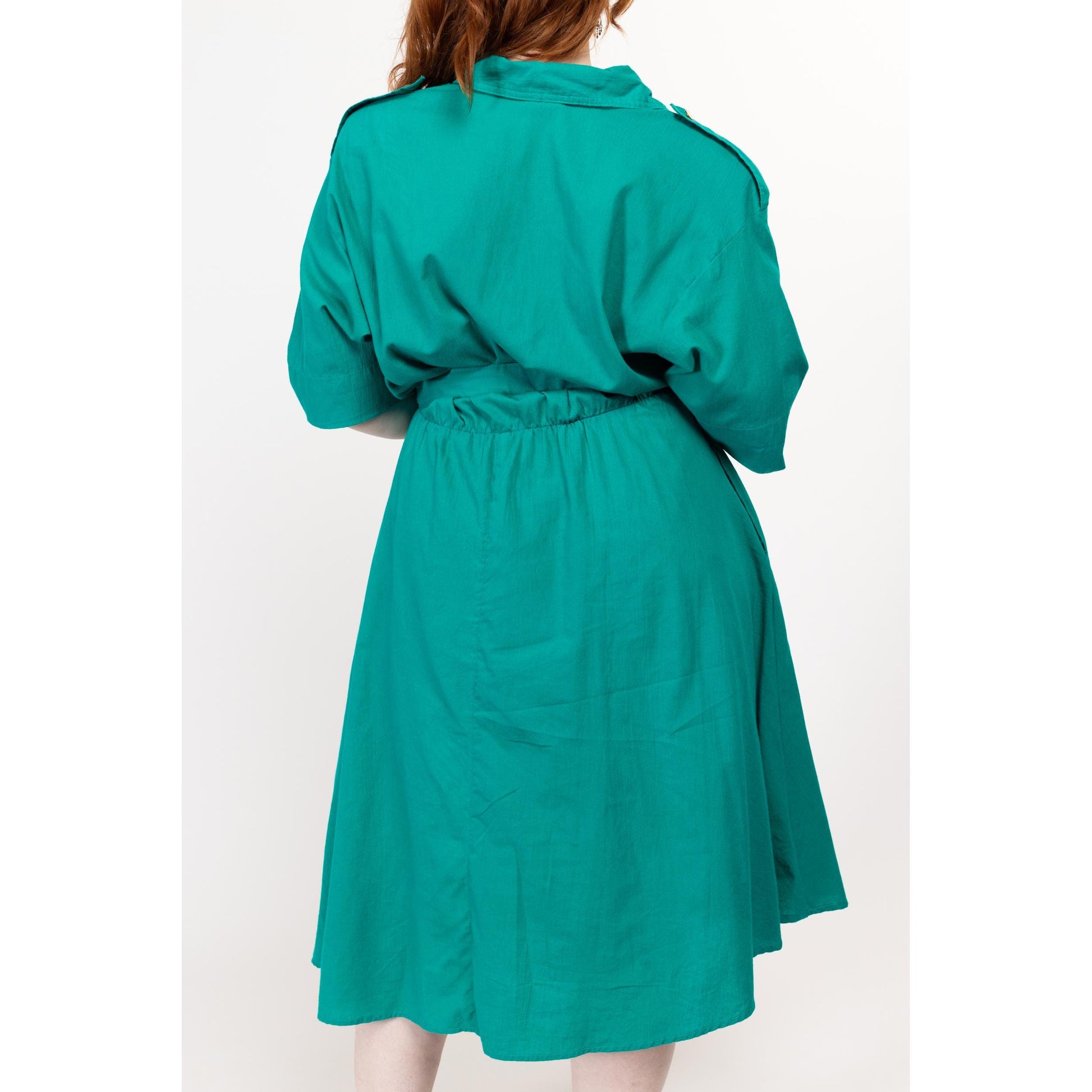 XL 90s Turquoise Belted Lightweight Midi Shirtdress | Vintage Button Up Collared 3/4 Sleeve Fit & Flare Dress