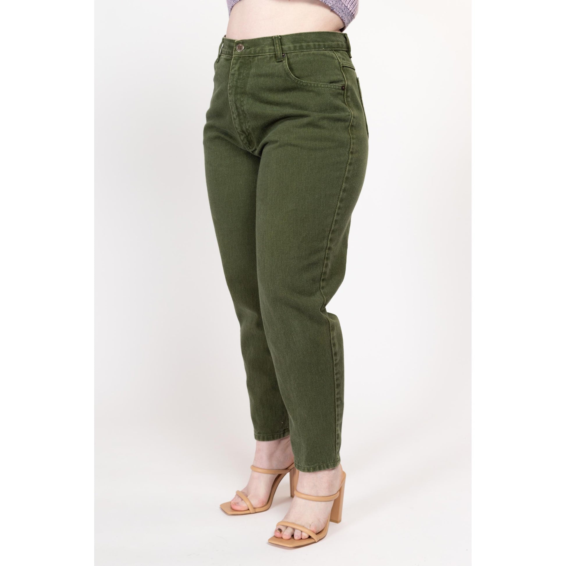 XL 90s Olive Green High Waisted Relaxed Fit Jeans 34" | Vintage Denim Tapered Leg Mom Jeans