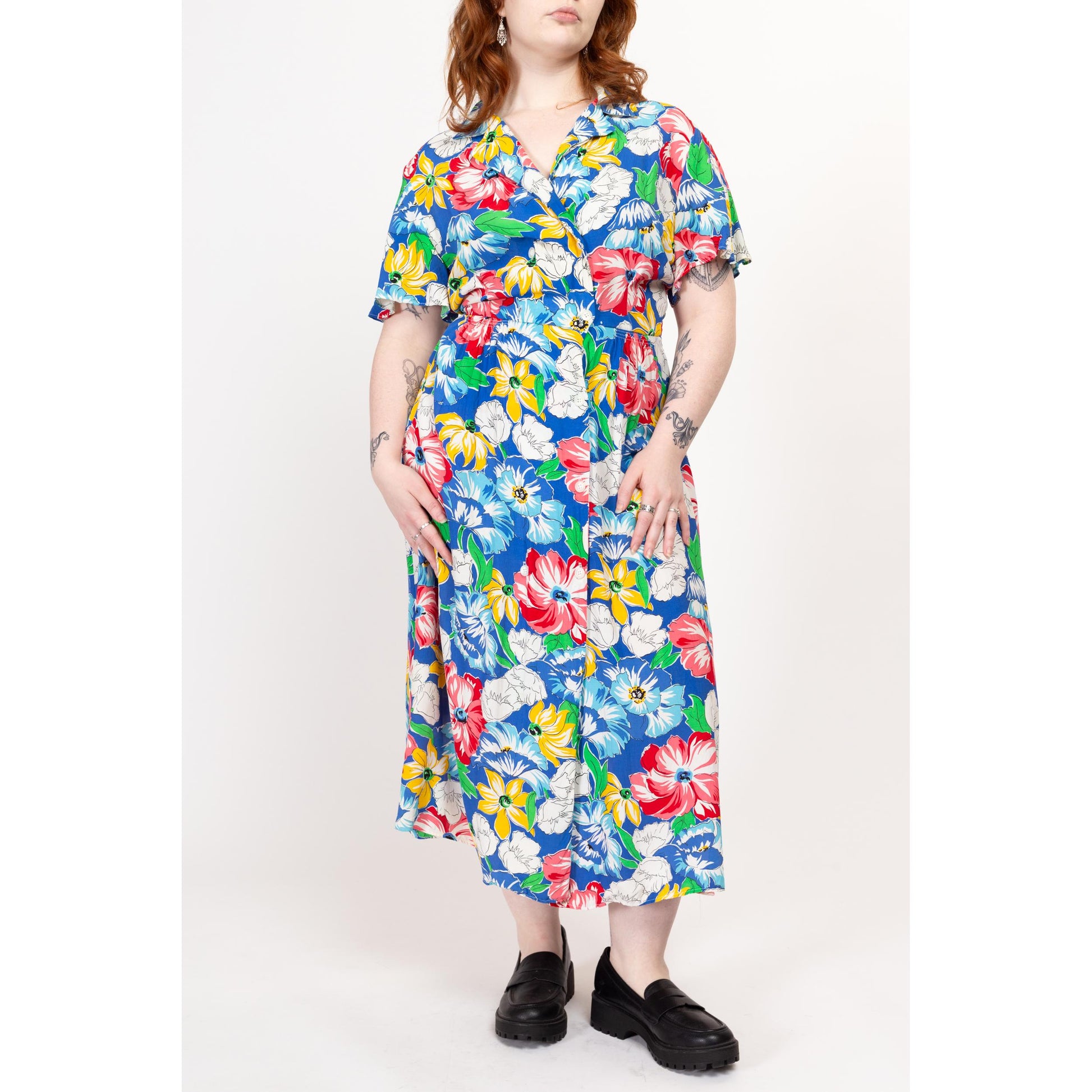 Large 80s Colorful Floral Lightweight Maxi Shirtdress | Vintage Button Up Collared Short Sleeve Casual Dress