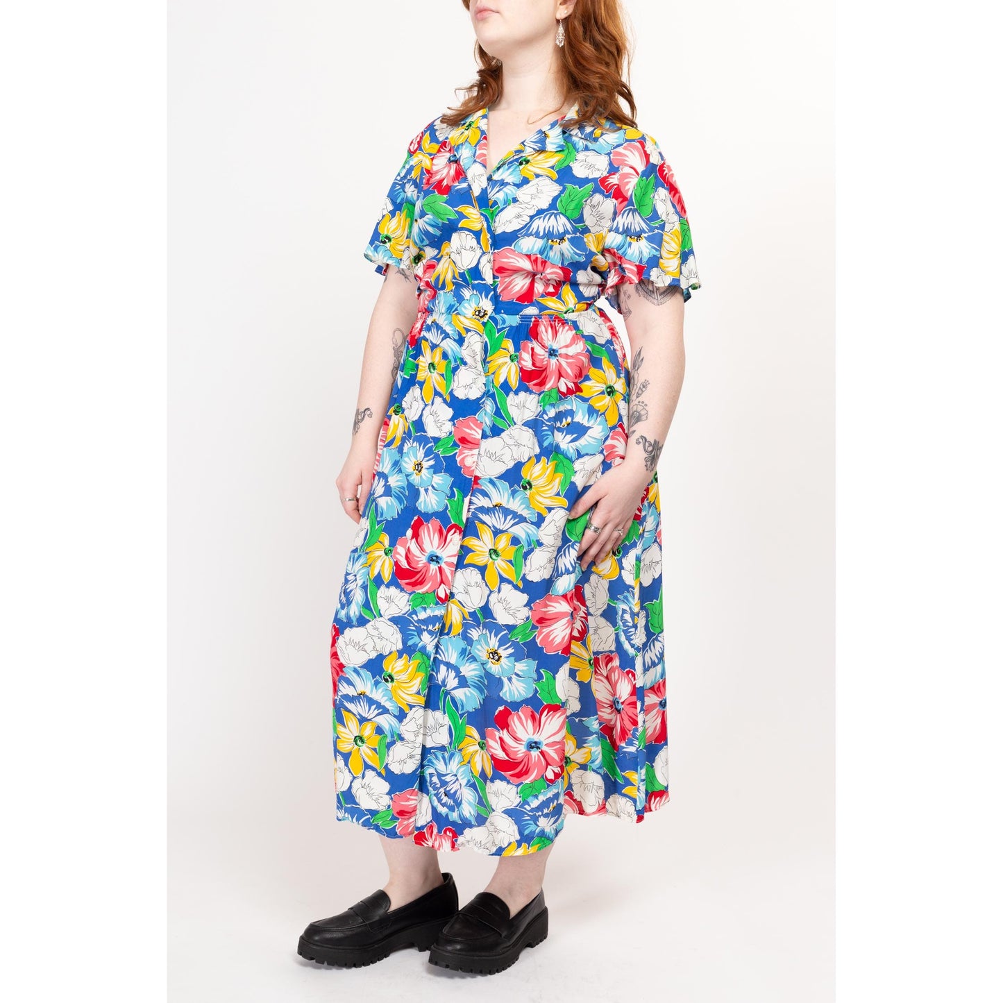 Large 80s Colorful Floral Lightweight Maxi Shirtdress | Vintage Button Up Collared Short Sleeve Casual Dress