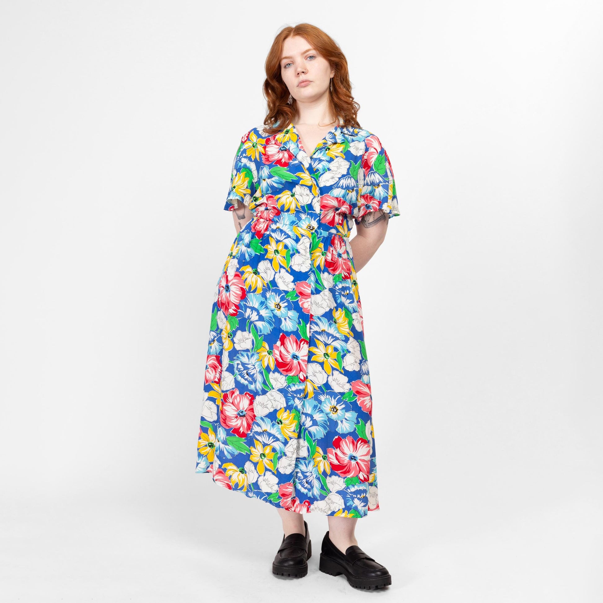 Large 80s Colorful Floral Lightweight Maxi Shirtdress | Vintage Button Up Collared Short Sleeve Casual Dress