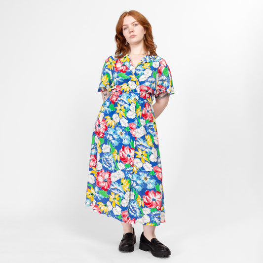 Large 80s Colorful Floral Lightweight Maxi Shirtdress | Vintage Button Up Collared Short Sleeve Casual Dress