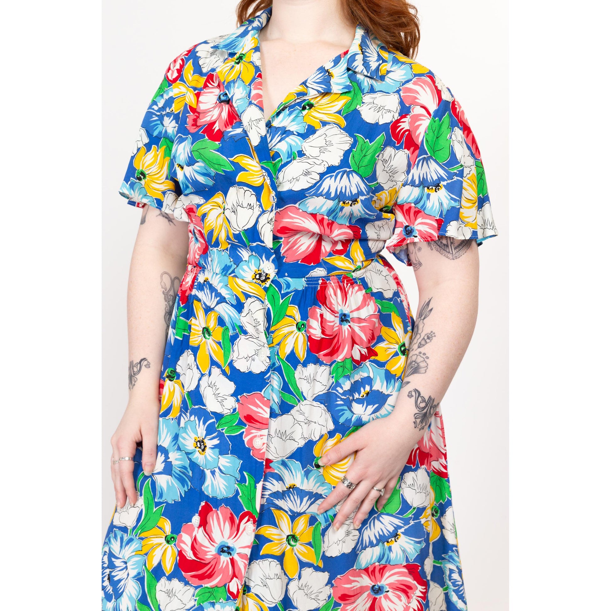 Large 80s Colorful Floral Lightweight Maxi Shirtdress | Vintage Button Up Collared Short Sleeve Casual Dress