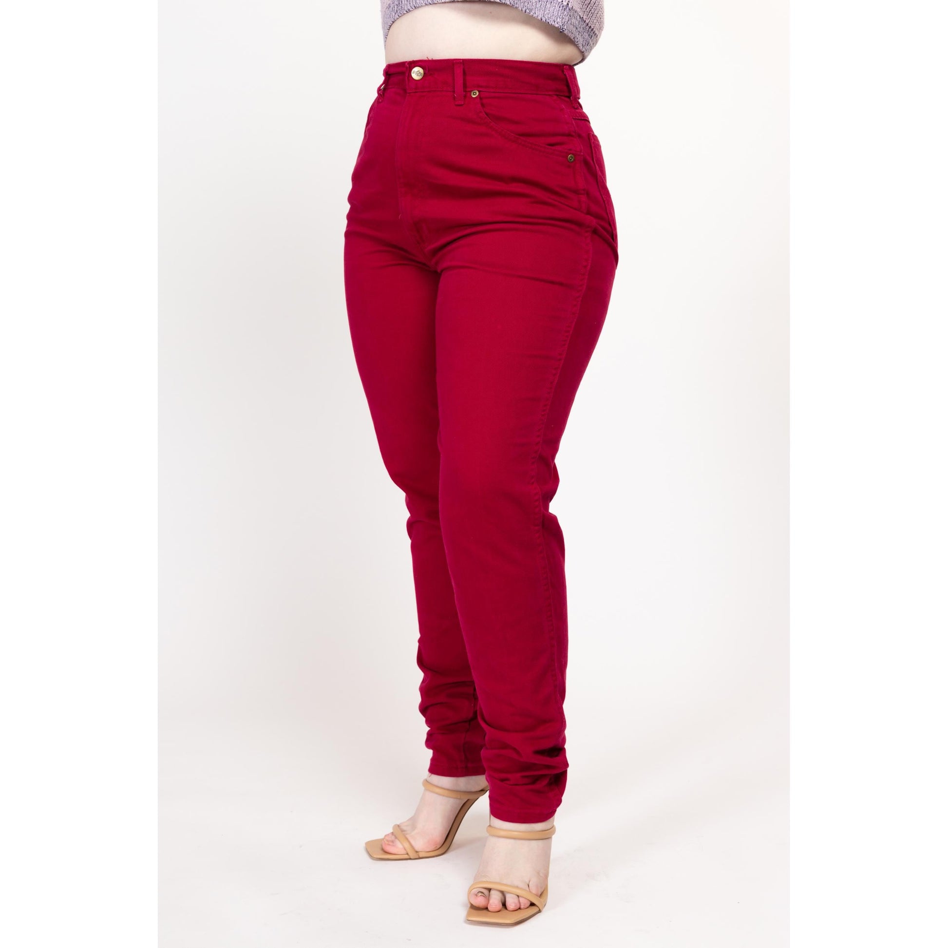 Large 80s Raspberry Red High Waisted Curvy Jeans 30.5" | Vintage Chic Denim Tapered Leg Mom Jeans