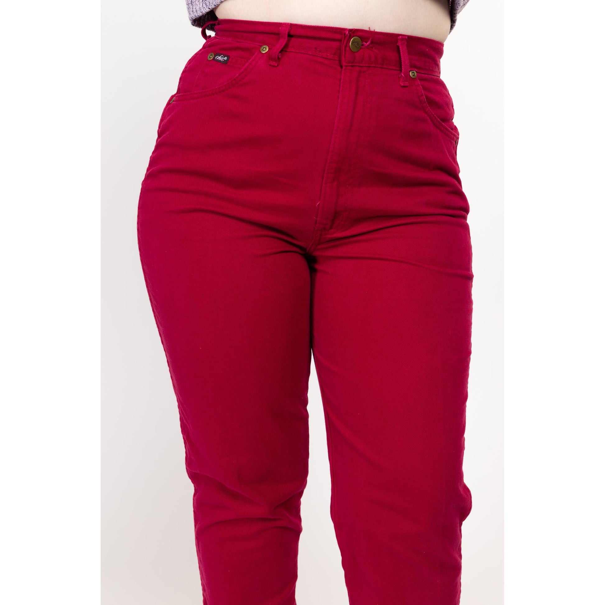 Large 80s Raspberry Red High Waisted Curvy Jeans 30.5" | Vintage Chic Denim Tapered Leg Mom Jeans