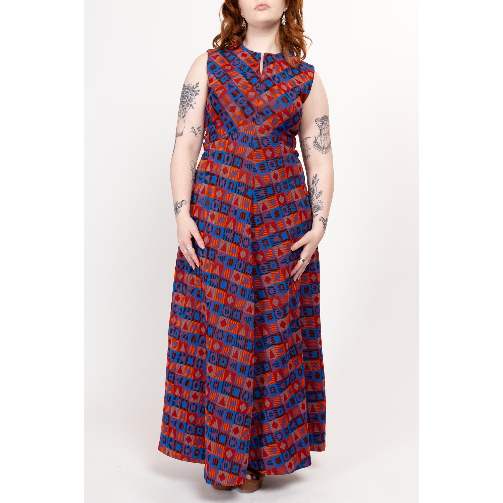 Large 70s Blue & Red Geometric Striped Psychedelic Maxi Dress | Vintage Abstract Sleeveless Hostess Party Dress