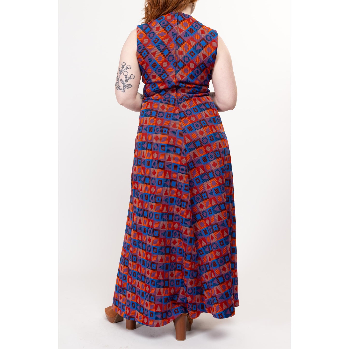 Large 70s Blue & Red Geometric Striped Psychedelic Maxi Dress | Vintage Abstract Sleeveless Hostess Party Dress