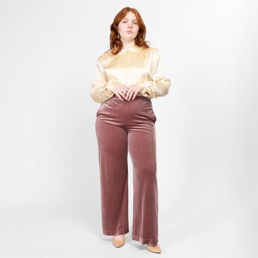 Med-Lrg Max Mara Leisure Dusty Rose Velvet Lounge Pants 26"-32" | Vintage High Waisted Straight Leg Loungewear Trousers