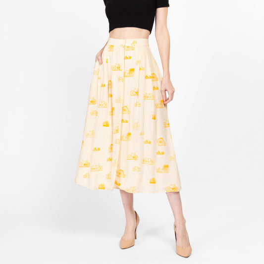 XS 90s Silk Bicycle Novelty Print Midi Skirt 24.5" | Boho Vintage Ivory Yellow High Waisted Button Front Pocket Skirt