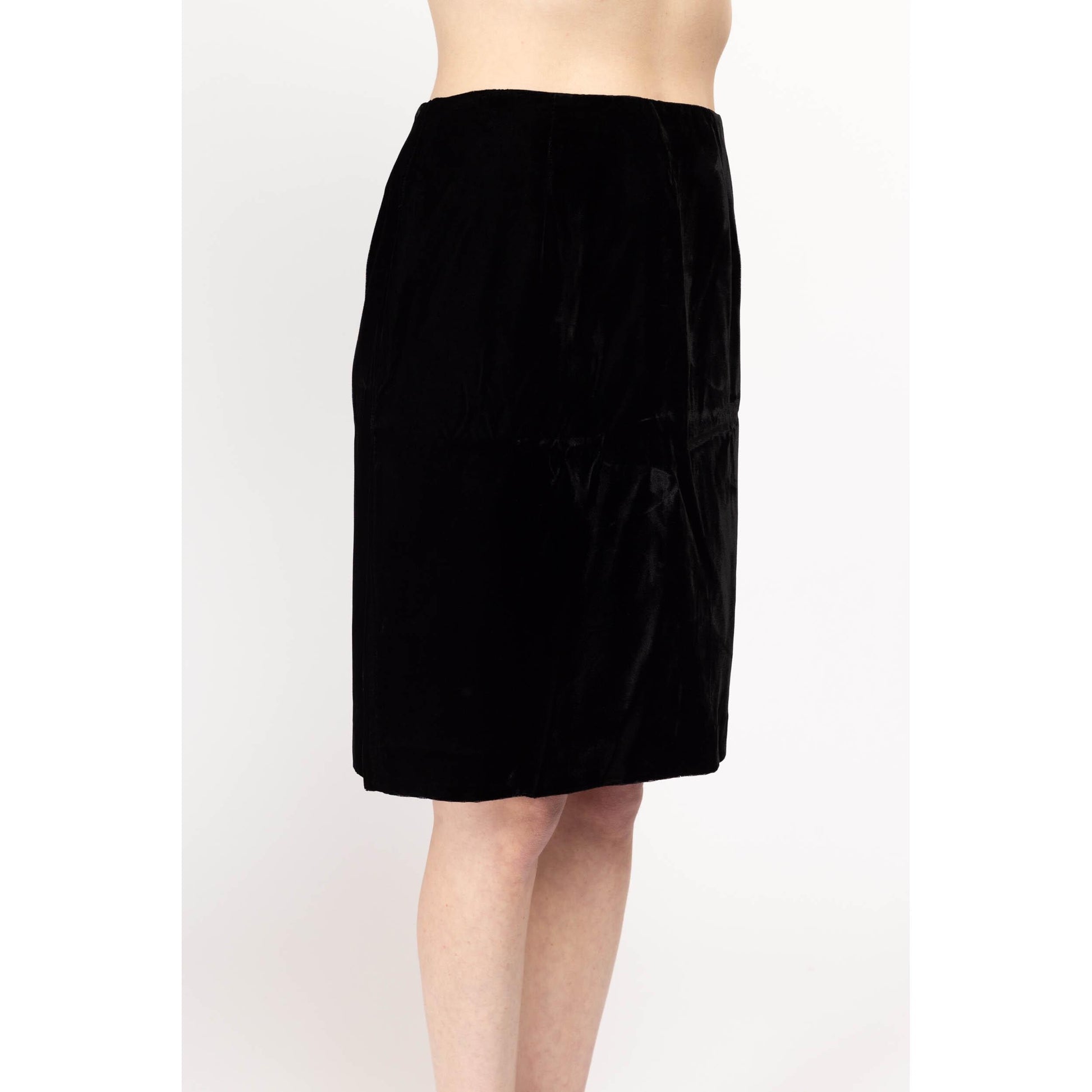 Medium 90s Black Velvet Mini Pencil Skirt 30" | Vintage Minimalist High Waisted Straight Miniskirt