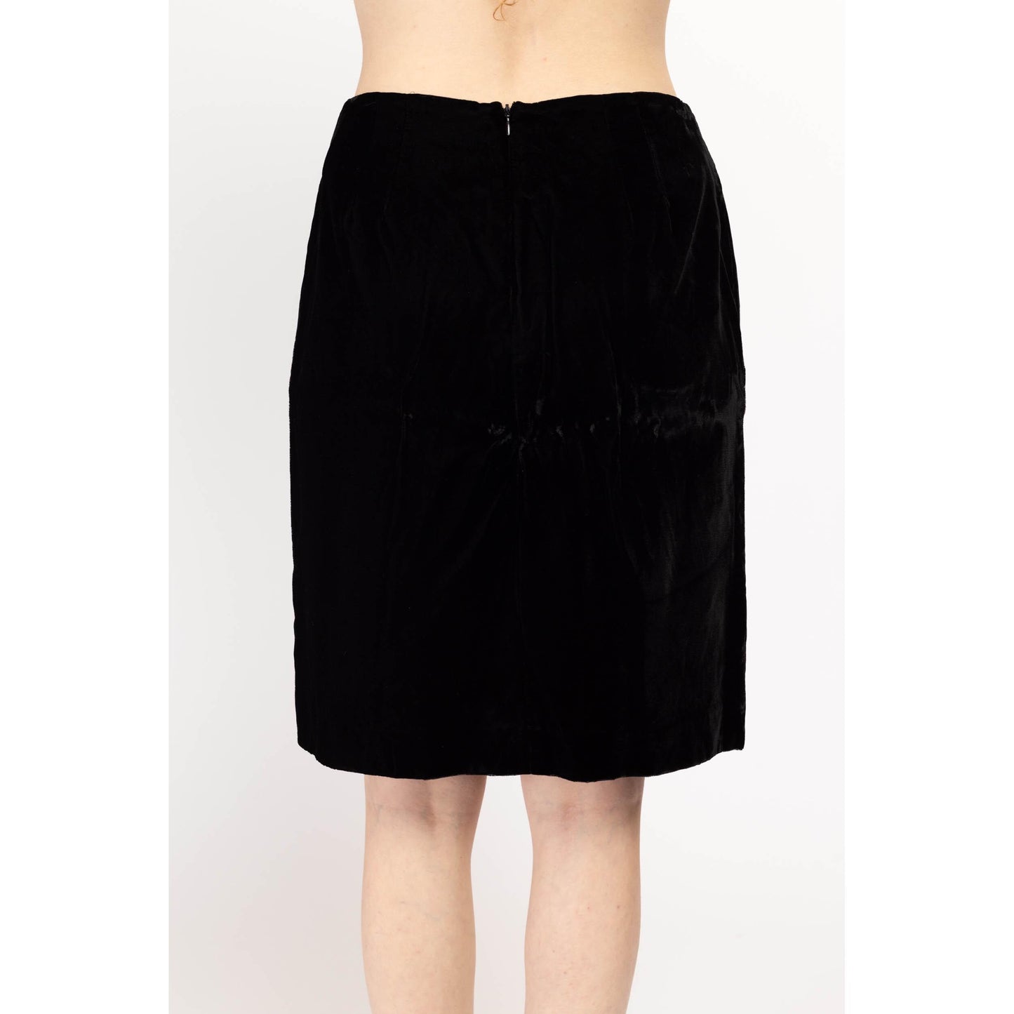 Medium 90s Black Velvet Mini Pencil Skirt 30" | Vintage Minimalist High Waisted Straight Miniskirt