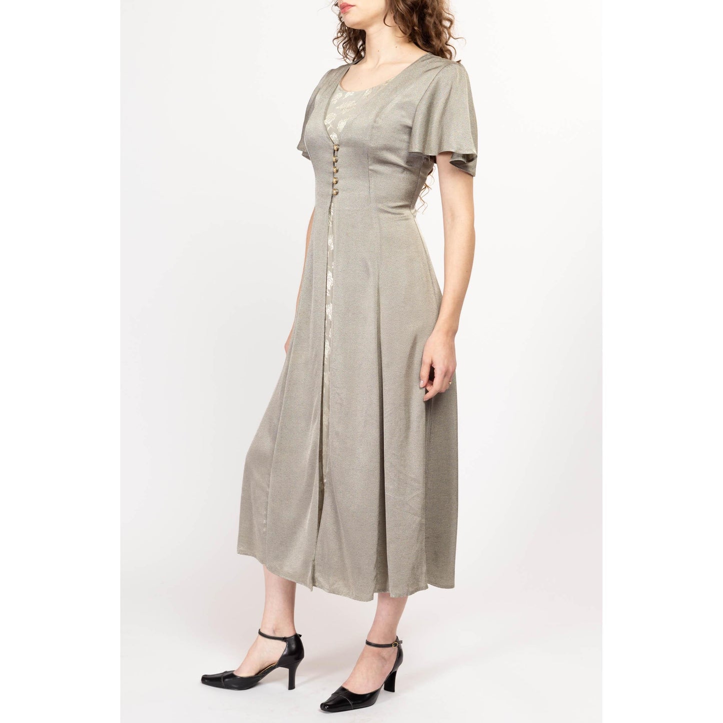 Sm-Med 90s Shiny Silver Floral Maxi Dress | Vintage Corset Back Button Up Flutter Sleeve Grunge Dress