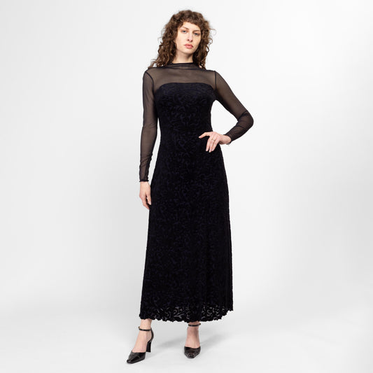 Sm-Med 80s Black Velvet Burnout Strapless Illusion Gown | Vintage Sheer Long Sleeve Button Back Maxi Dress