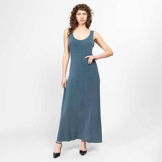 Medium 90s Slinky Slate Blue Maxi Tank Dress | Vintage Sleeveless Stretchy Minimalist Grunge Dress