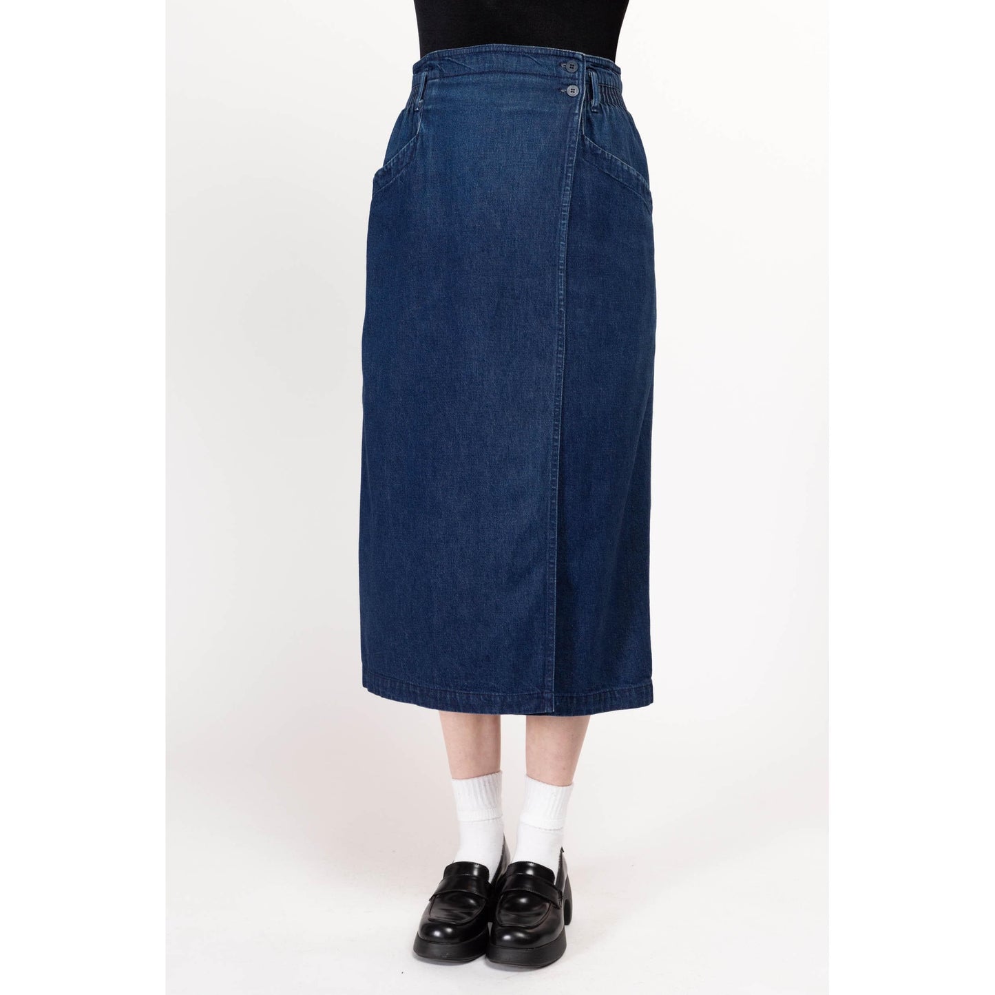 Medium 80s Calvin Klein Dark Wash Denim Midi Wrap Skirt 29"-30" | Vintage High Waisted Pocket Blue Jean Skirt