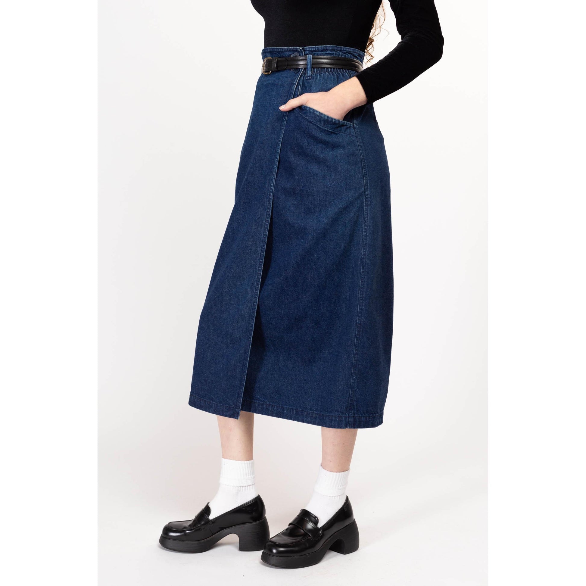 Medium 80s Calvin Klein Dark Wash Denim Midi Wrap Skirt 29"-30" | Vintage High Waisted Pocket Blue Jean Skirt