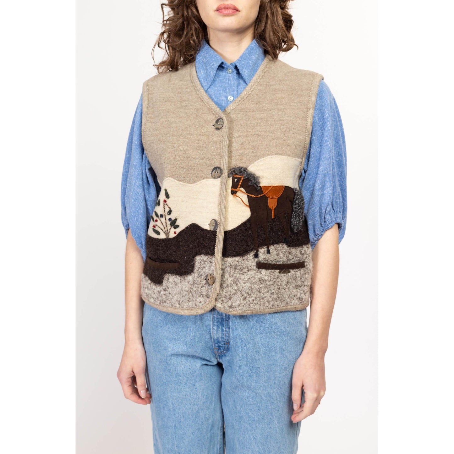 Medium 90s Giesswein Novelty Horse Patchwork Wool Sweater Vest | Vintage Austrian Trachten Sleeveless Top