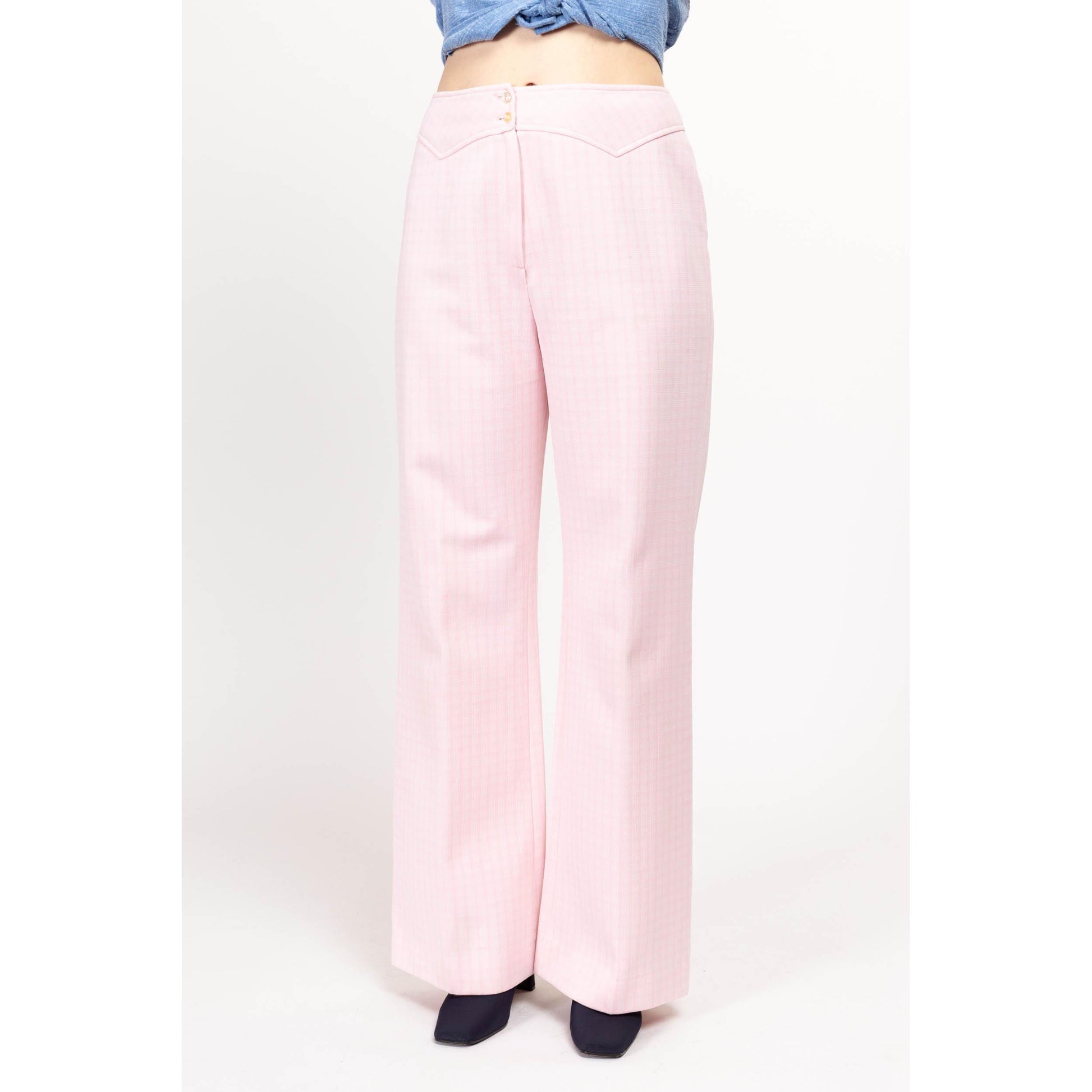 Medium 70s Pastel Pink Plaid Trousers 29" | Retro Vintage Western Yoke Bootcut Flared Pants