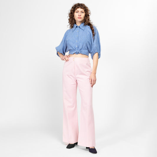 Medium 70s Pastel Pink Plaid Trousers 29" | Retro Vintage Western Yoke Bootcut Flared Pants