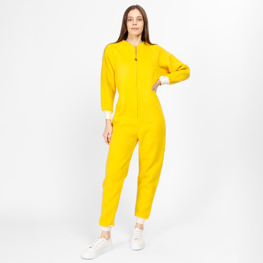 Large 70s Yellow Fleece Pajama Jumpsuit | Retro Vintage Zip Up Sleepwear One Piece