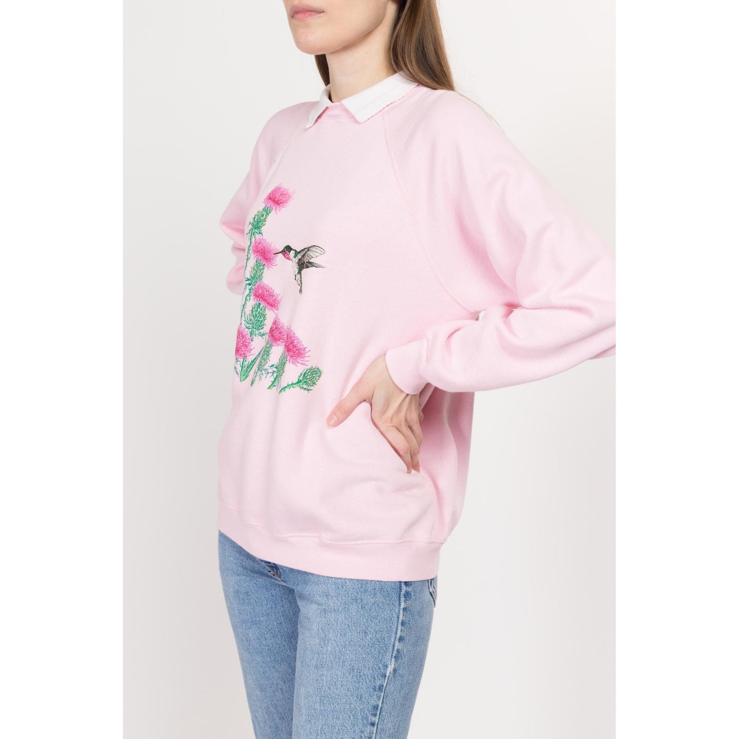 Large 90s Hummingbird & Thistle Flower Collared Sweatshirt | Vintage Cute Animal Graphic Pink Raglan Sleeve Grandma Pullover