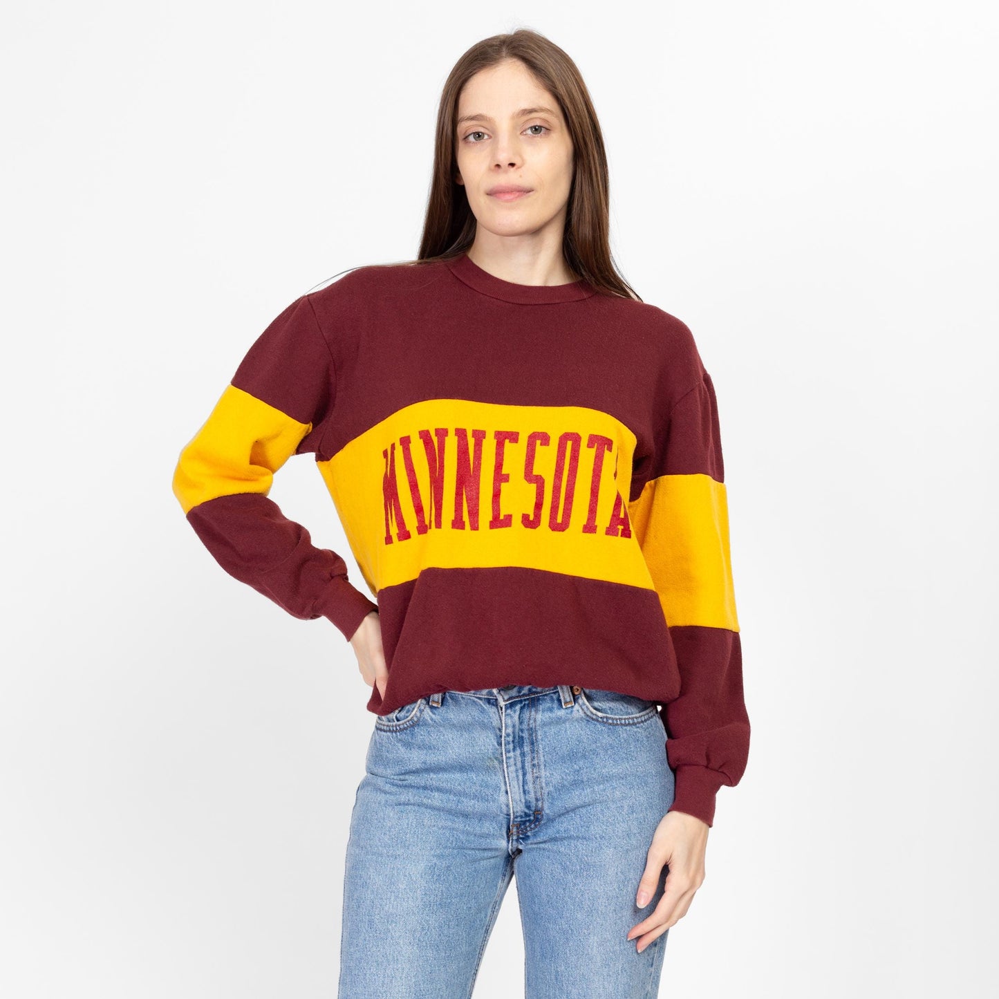 Med-Lrg 90s University Of Minnesota Striped Sweatshirt | Vintage Red & Yellow Color Block Nutmeg Mills Collegiate Pullover