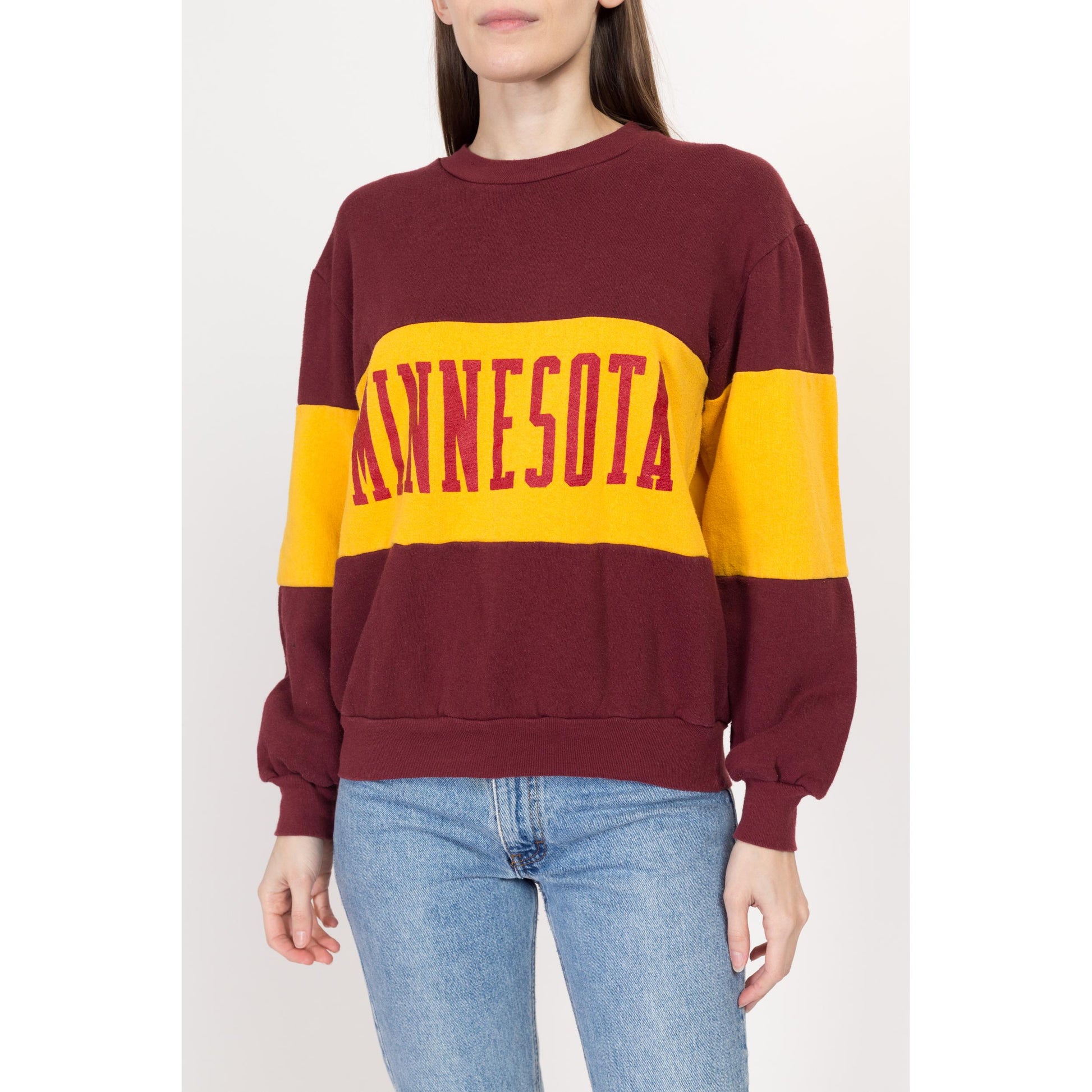 Med-Lrg 90s University Of Minnesota Striped Sweatshirt | Vintage Red & Yellow Color Block Nutmeg Mills Collegiate Pullover