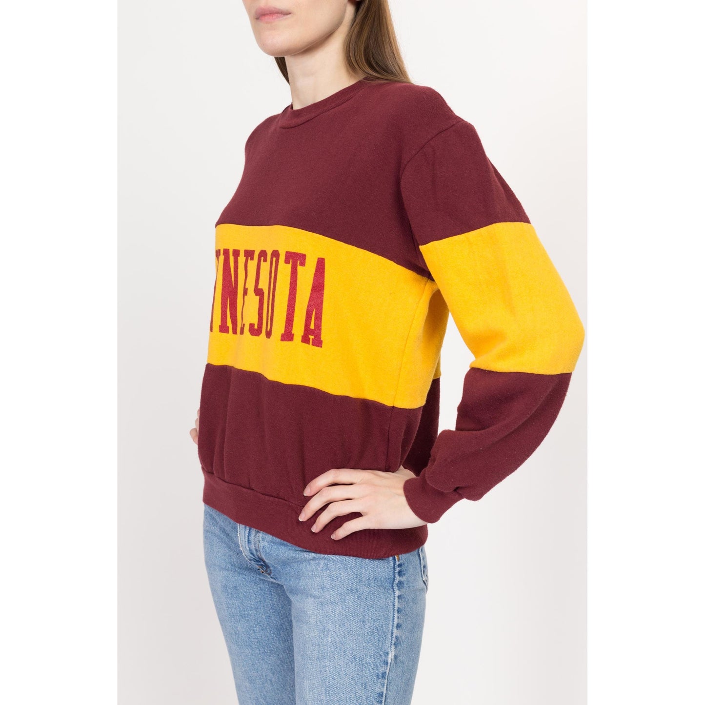 Med-Lrg 90s University Of Minnesota Striped Sweatshirt | Vintage Red & Yellow Color Block Nutmeg Mills Collegiate Pullover