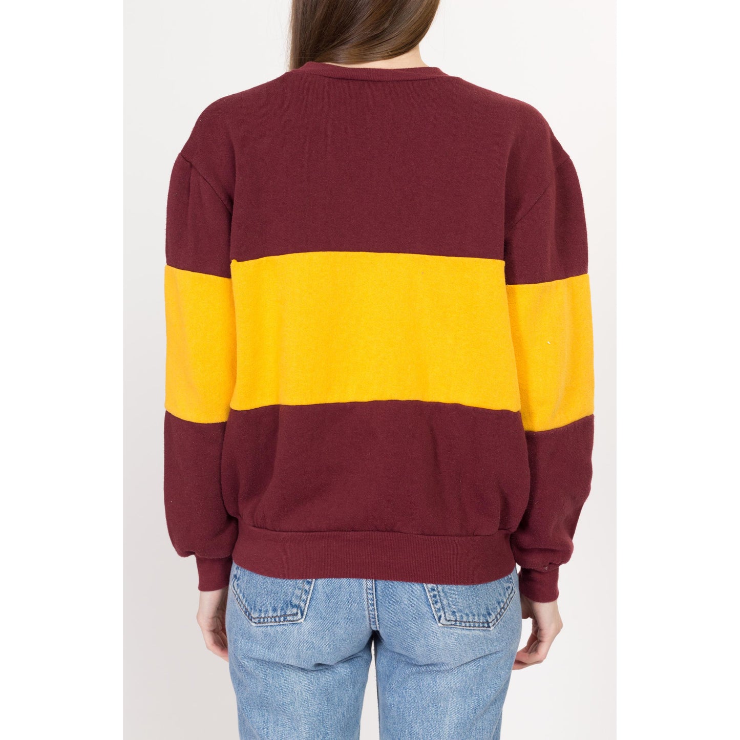 Med-Lrg 90s University Of Minnesota Striped Sweatshirt | Vintage Red & Yellow Color Block Nutmeg Mills Collegiate Pullover