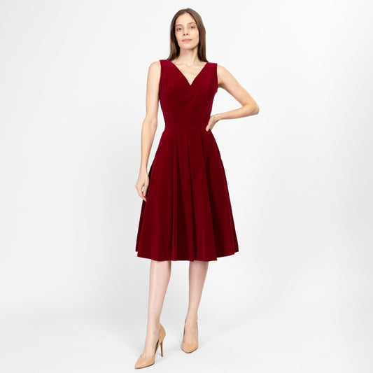 XS 1950s Anne Fogarty Raspberry Red Velvet Fit & Flare Party Dress | Vintage 50s Sleeveless Low Back Midi Holiday Dress