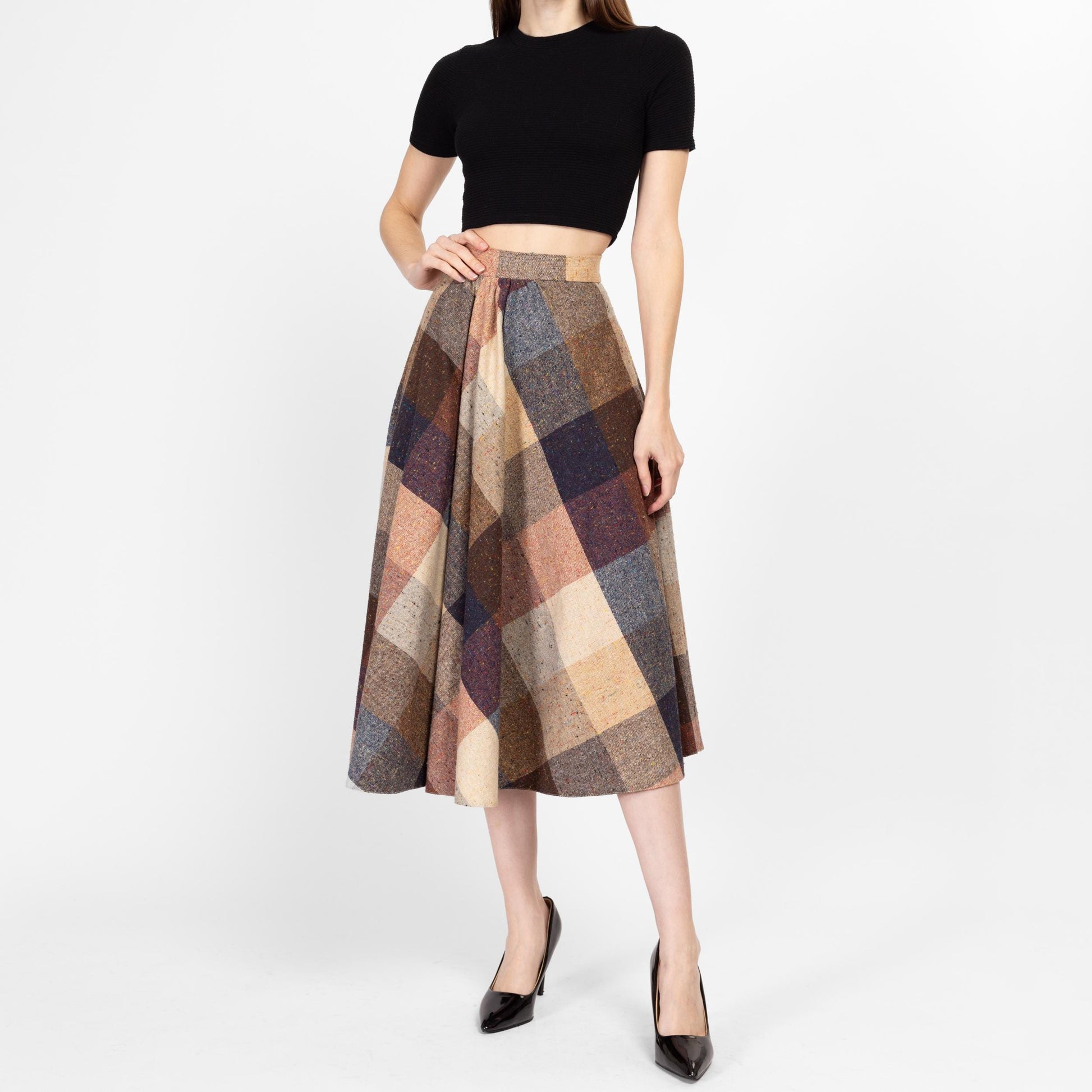 Medium 70s Earth Tone Flecked Plaid Schoolgirl Midi Skirt 27.5"" | Vintage A Line Boho High Waisted Light Academia Wool Skirt