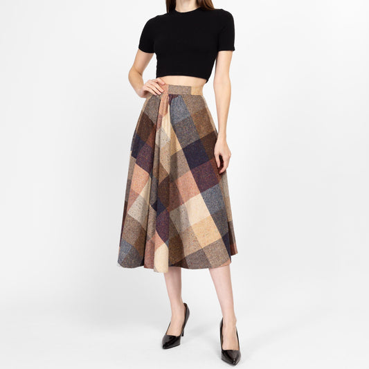 Medium 70s Earth Tone Flecked Plaid Schoolgirl Midi Skirt 27.5"" | Vintage A Line Boho High Waisted Light Academia Wool Skirt