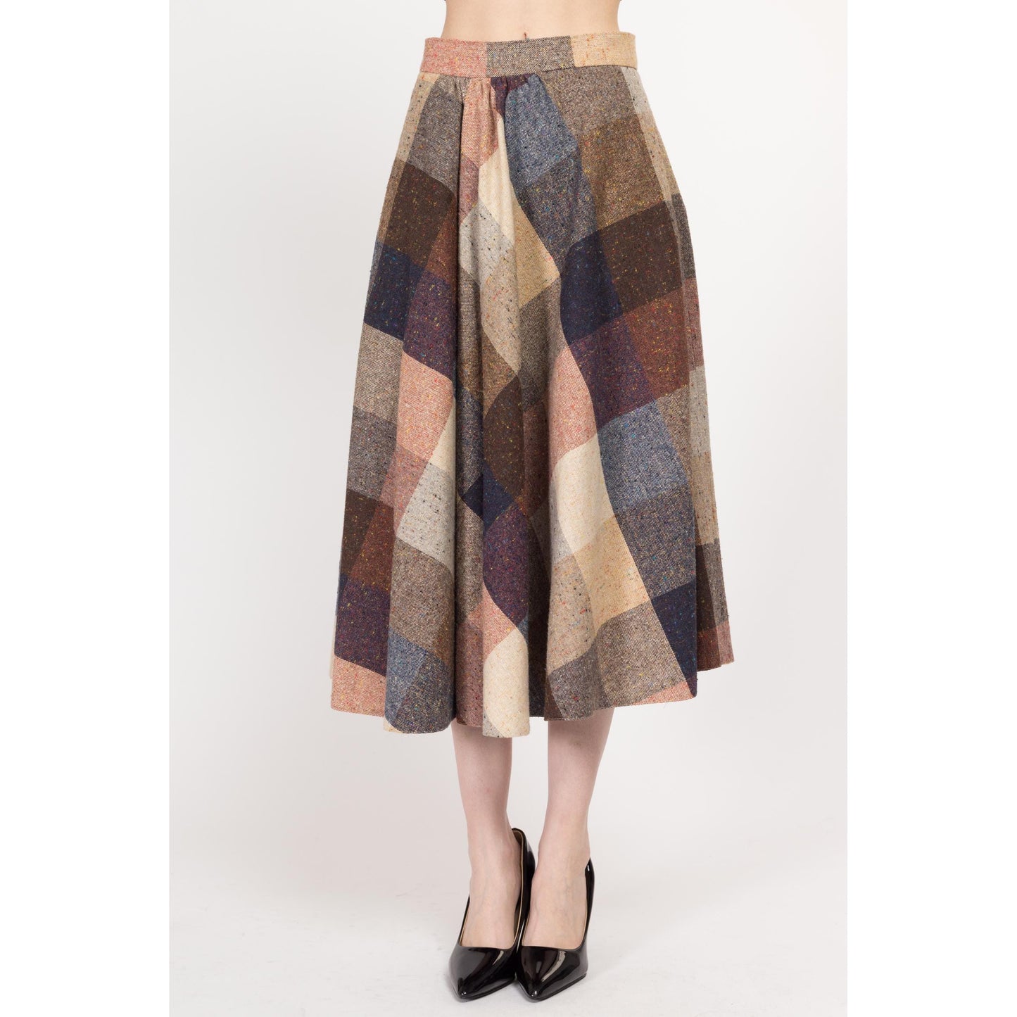 Medium 70s Earth Tone Flecked Plaid Schoolgirl Midi Skirt 27.5"" | Vintage A Line Boho High Waisted Light Academia Wool Skirt