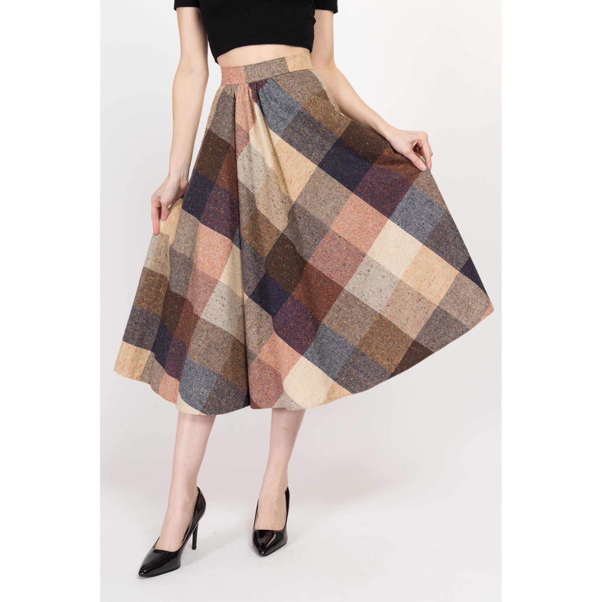 Medium 70s Earth Tone Flecked Plaid Schoolgirl Midi Skirt 27.5"" | Vintage A Line Boho High Waisted Light Academia Wool Skirt