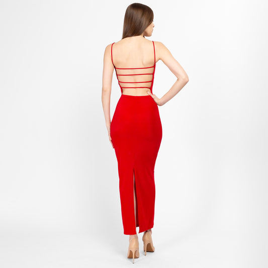 XS 90s Red Ribcage Backless Bodycon Maxi Dress | Vintage Open Back Sexy Strappy Gown