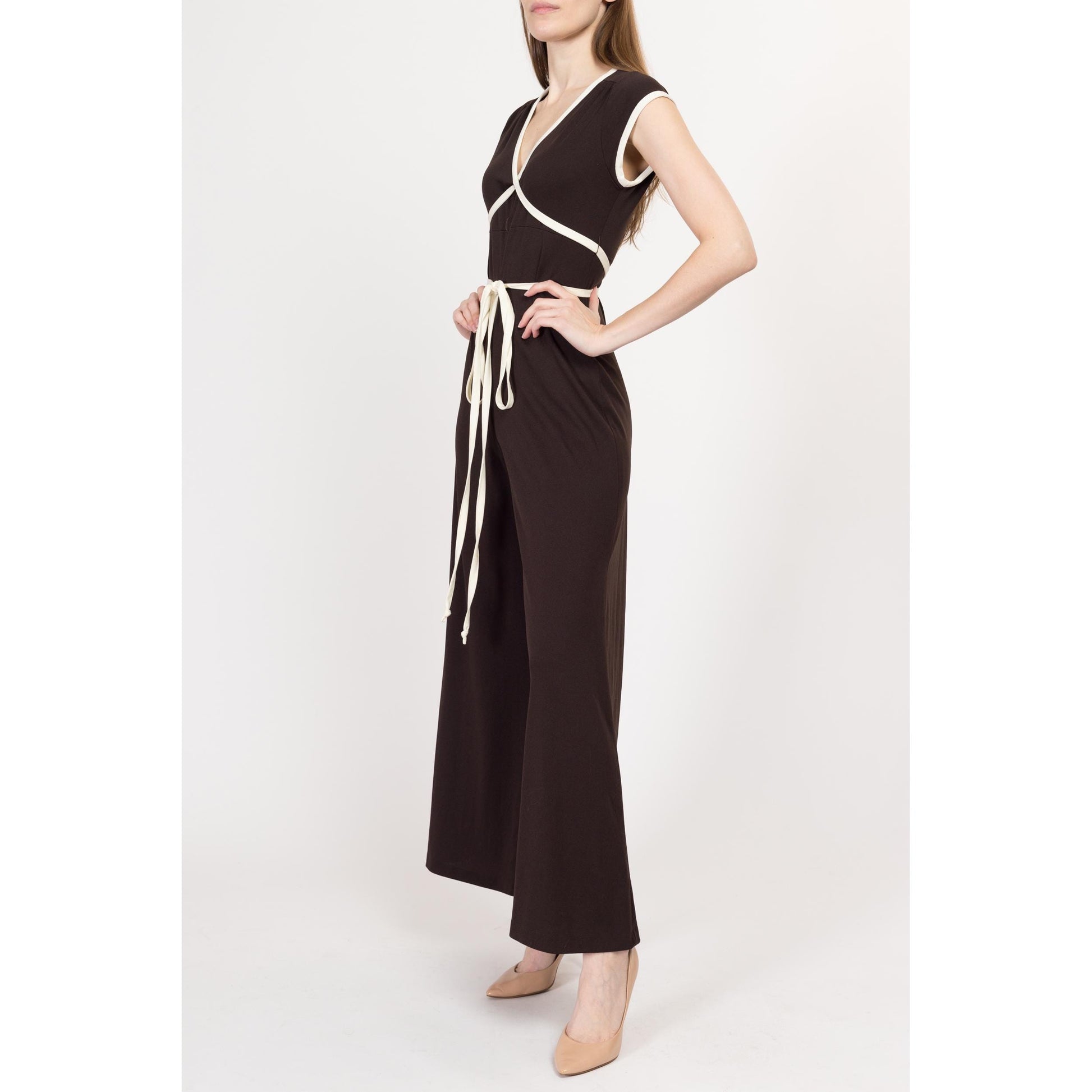 XS-Sm 70s Dark Brown Bell Bottom Jumpsuit | Retro Vintage Empire Waist Palazzo Disco Pantsuit