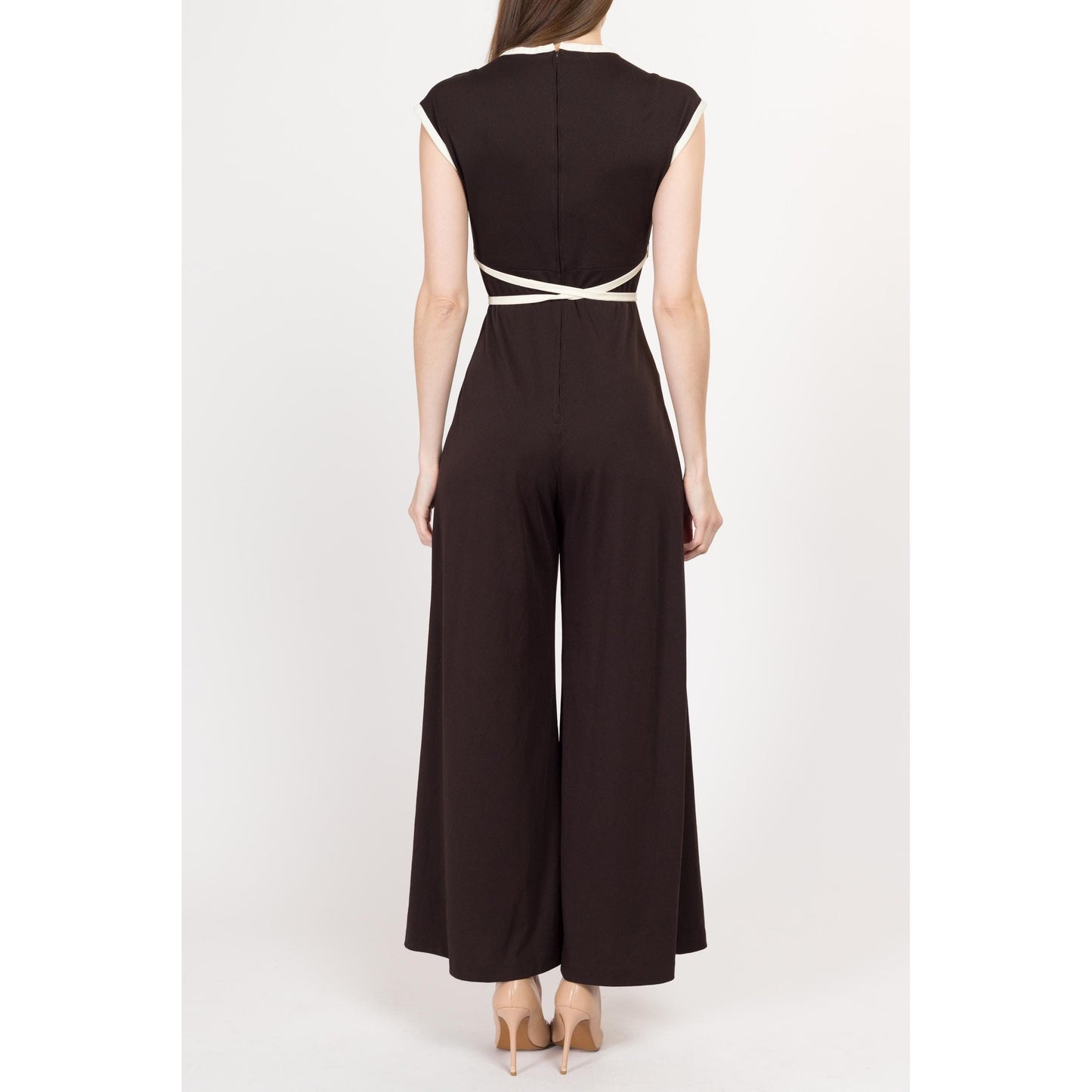 XS-Sm 70s Dark Brown Bell Bottom Jumpsuit | Retro Vintage Empire Waist Palazzo Disco Pantsuit