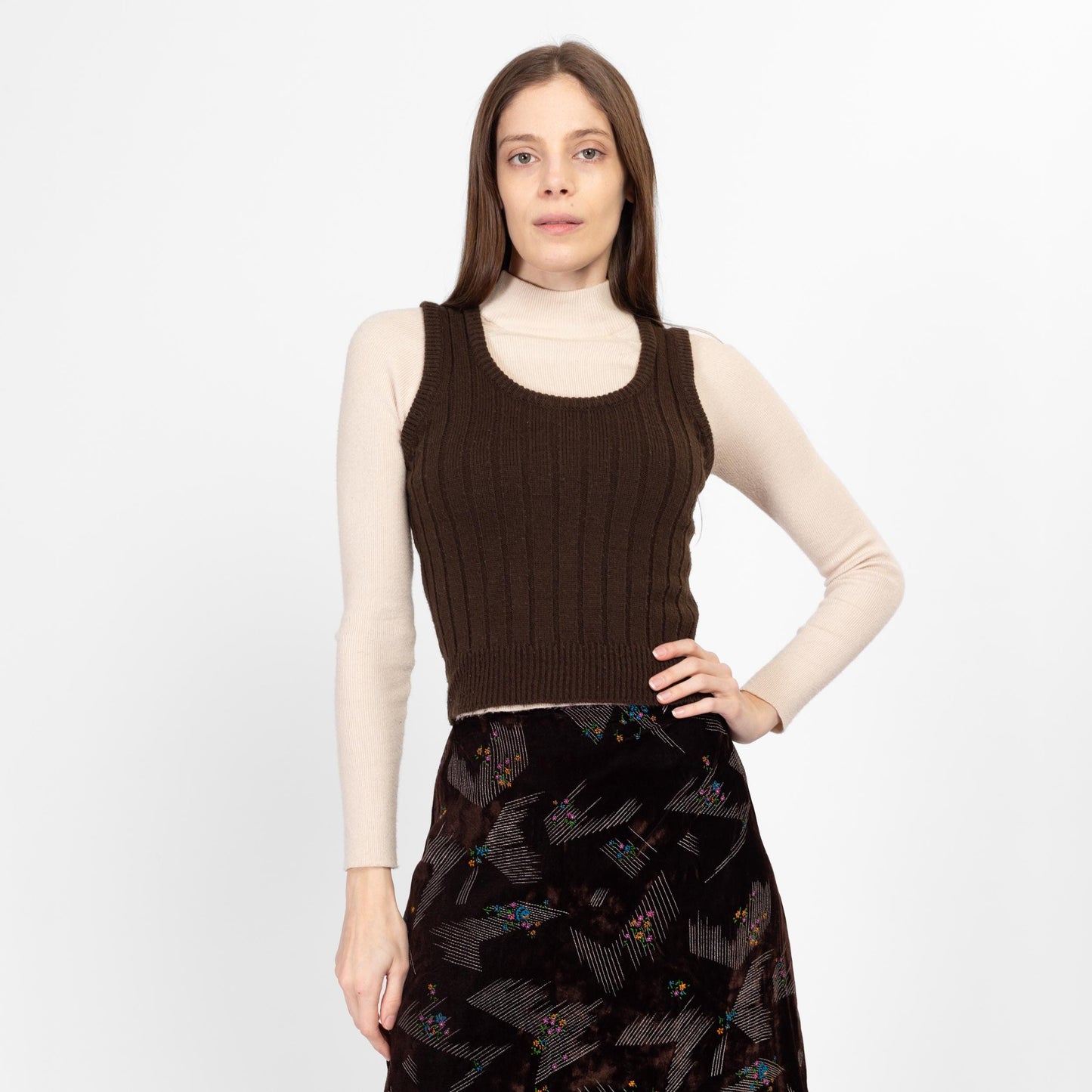 XS 70s Chocolate Brown Soft Knit Sweater Vest | Retro Vintage Scoop Neck Crop Top