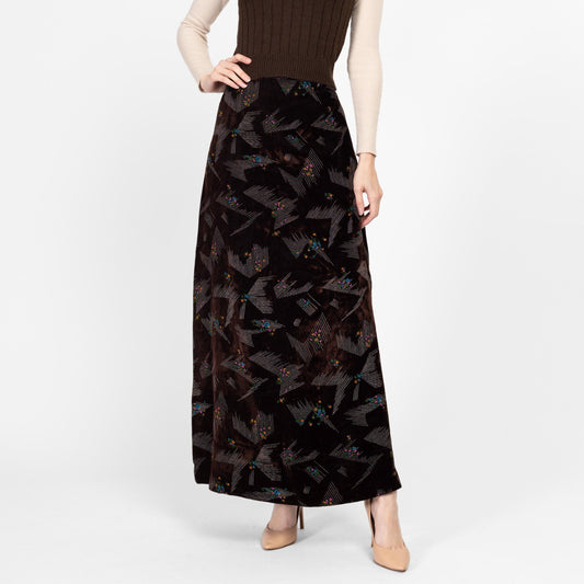 Small 70s Abstract Floral Dark Brown Velvet Maxi Skirt 27" | Vintage High Waisted A Line Hostess Skirt