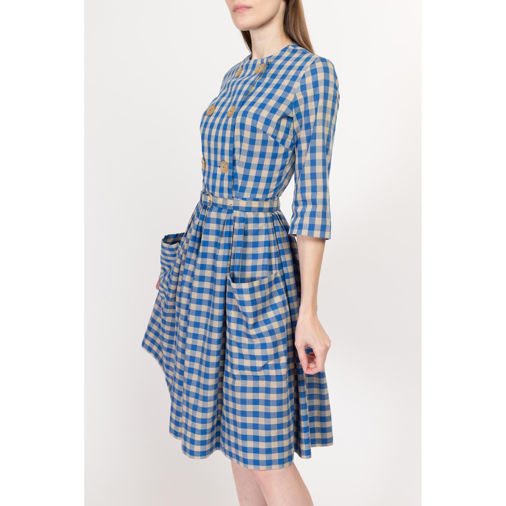 XS 1950s Blue Gingham Belted Fit & Flare Day Dress | Vintage 50s Haymaker Checkered Chore Pocket Retro Midi Shirtdress