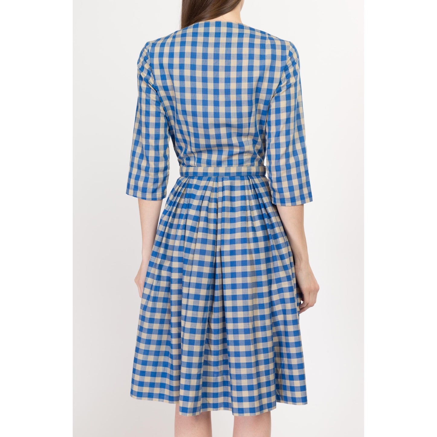 XS 1950s Blue Gingham Belted Fit & Flare Day Dress | Vintage 50s Haymaker Checkered Chore Pocket Retro Midi Shirtdress