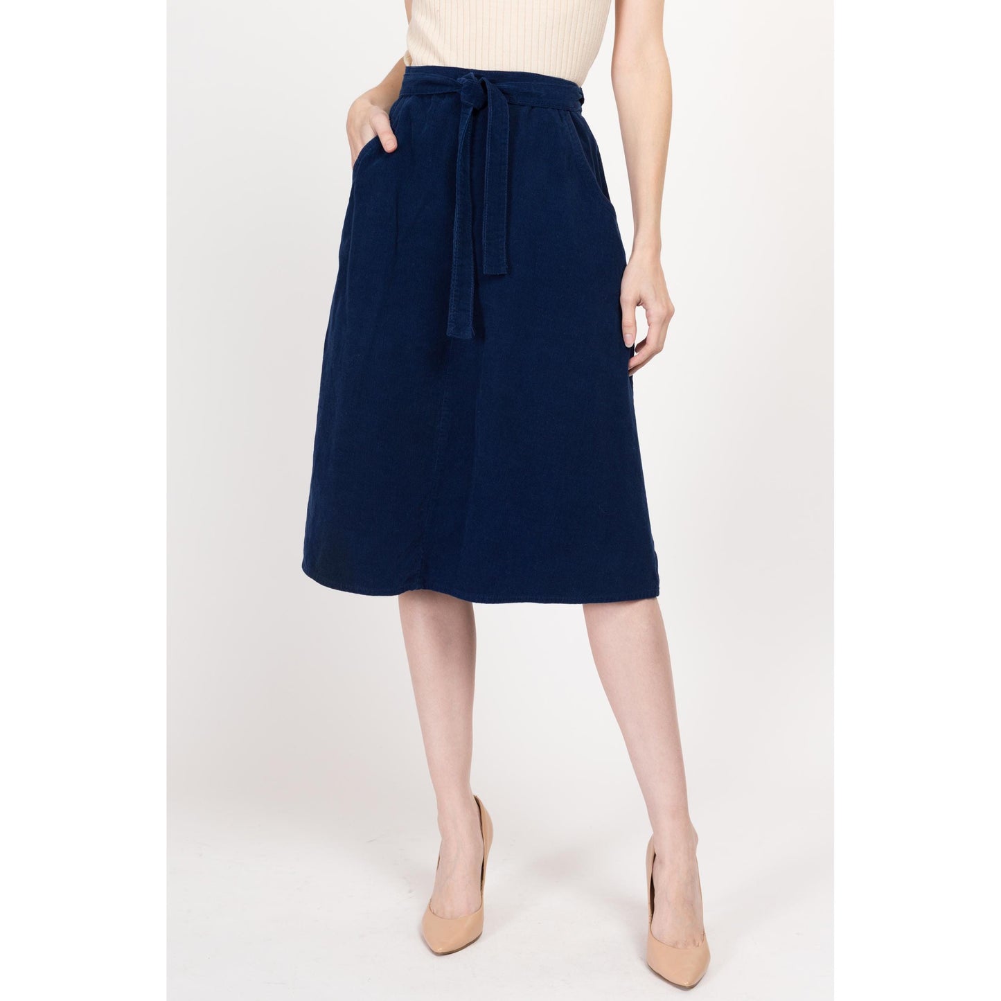 Small 70s Blue Corduroy Midi Wrap Skirt 25"-27" | Vintage A Line High Waist Retro Pocket Skirt