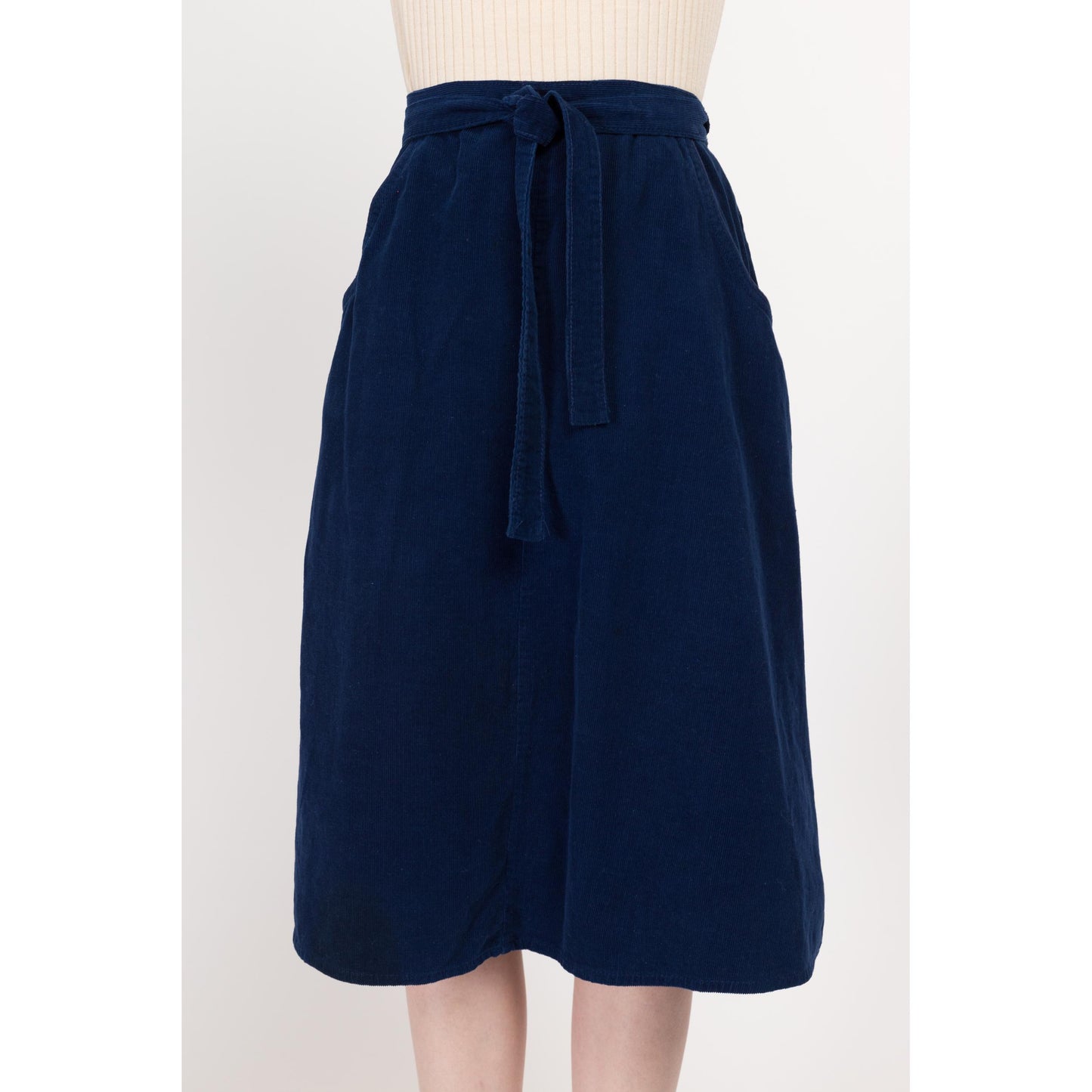 Small 70s Blue Corduroy Midi Wrap Skirt 25"-27" | Vintage A Line High Waist Retro Pocket Skirt