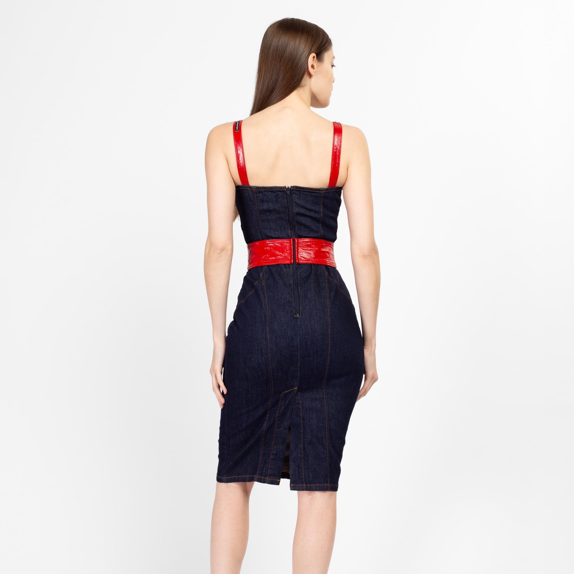 XS Y2K Dolce & Gabbana Denim Red Faux Leather Trim Bodycon Dress | Vintage Designer Fitted Dark Wash Midi Jean Dress