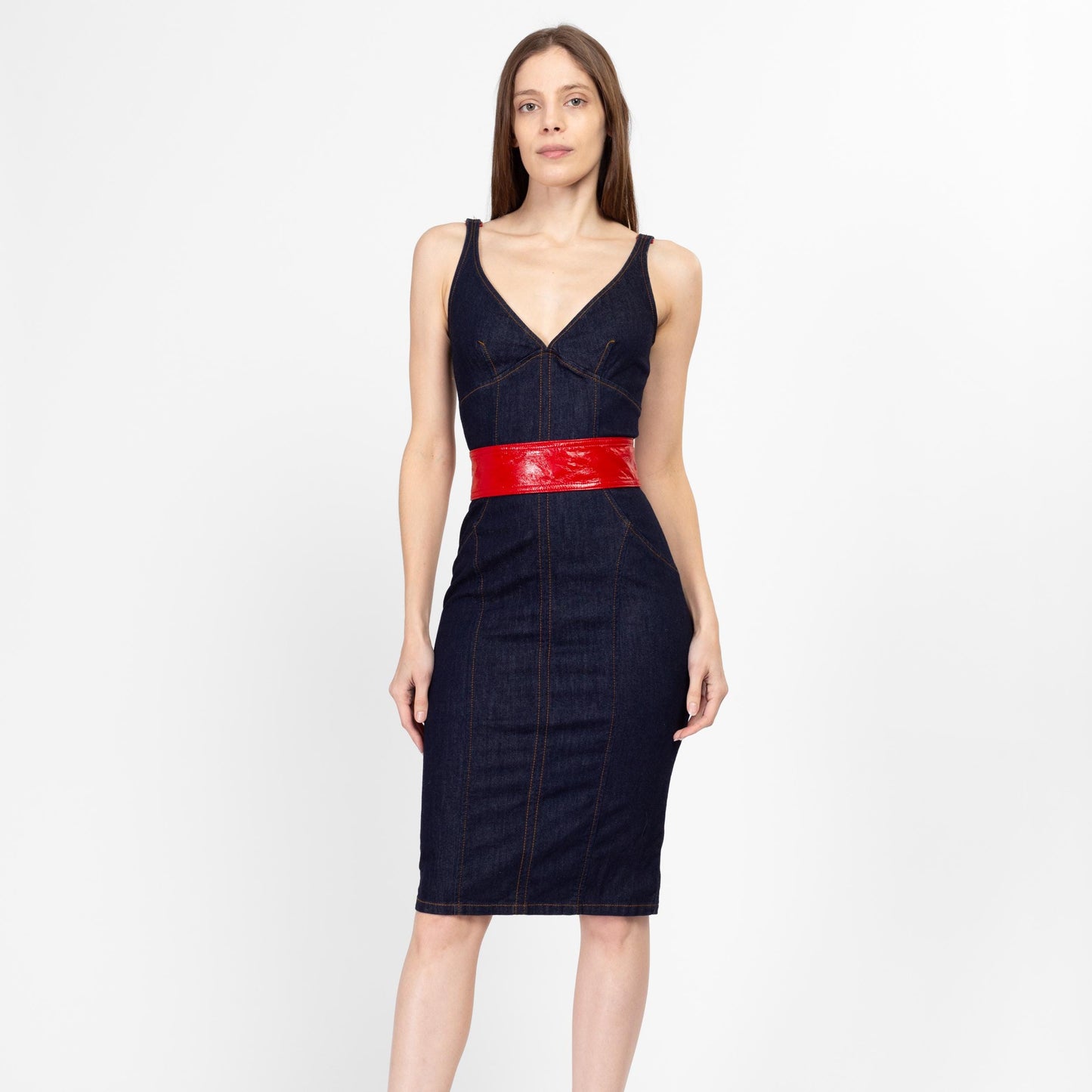 XS Y2K Dolce & Gabbana Denim Red Faux Leather Trim Bodycon Dress | Vintage Designer Fitted Dark Wash Midi Jean Dress