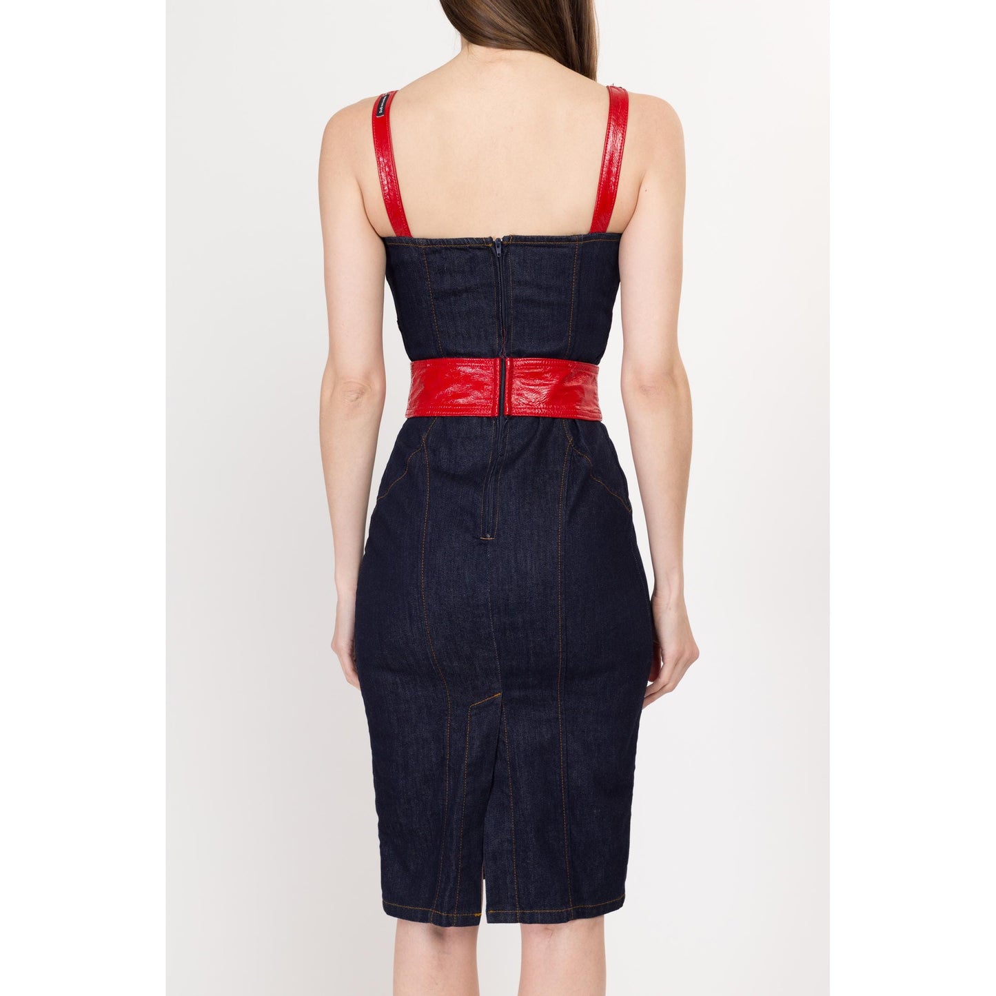 XS Y2K Dolce & Gabbana Denim Red Faux Leather Trim Bodycon Dress | Vintage Designer Fitted Dark Wash Midi Jean Dress