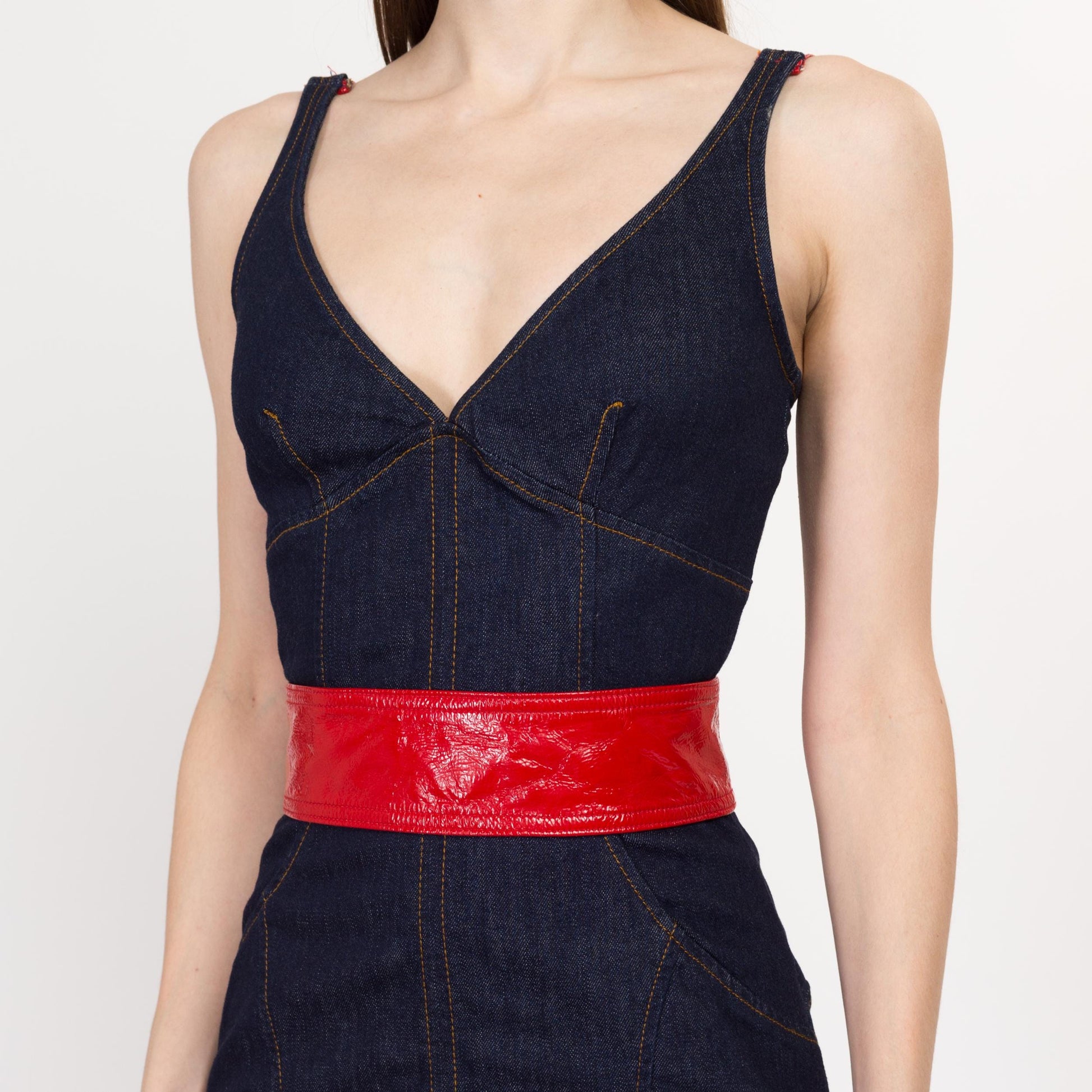 XS Y2K Dolce & Gabbana Denim Red Faux Leather Trim Bodycon Dress | Vintage Designer Fitted Dark Wash Midi Jean Dress