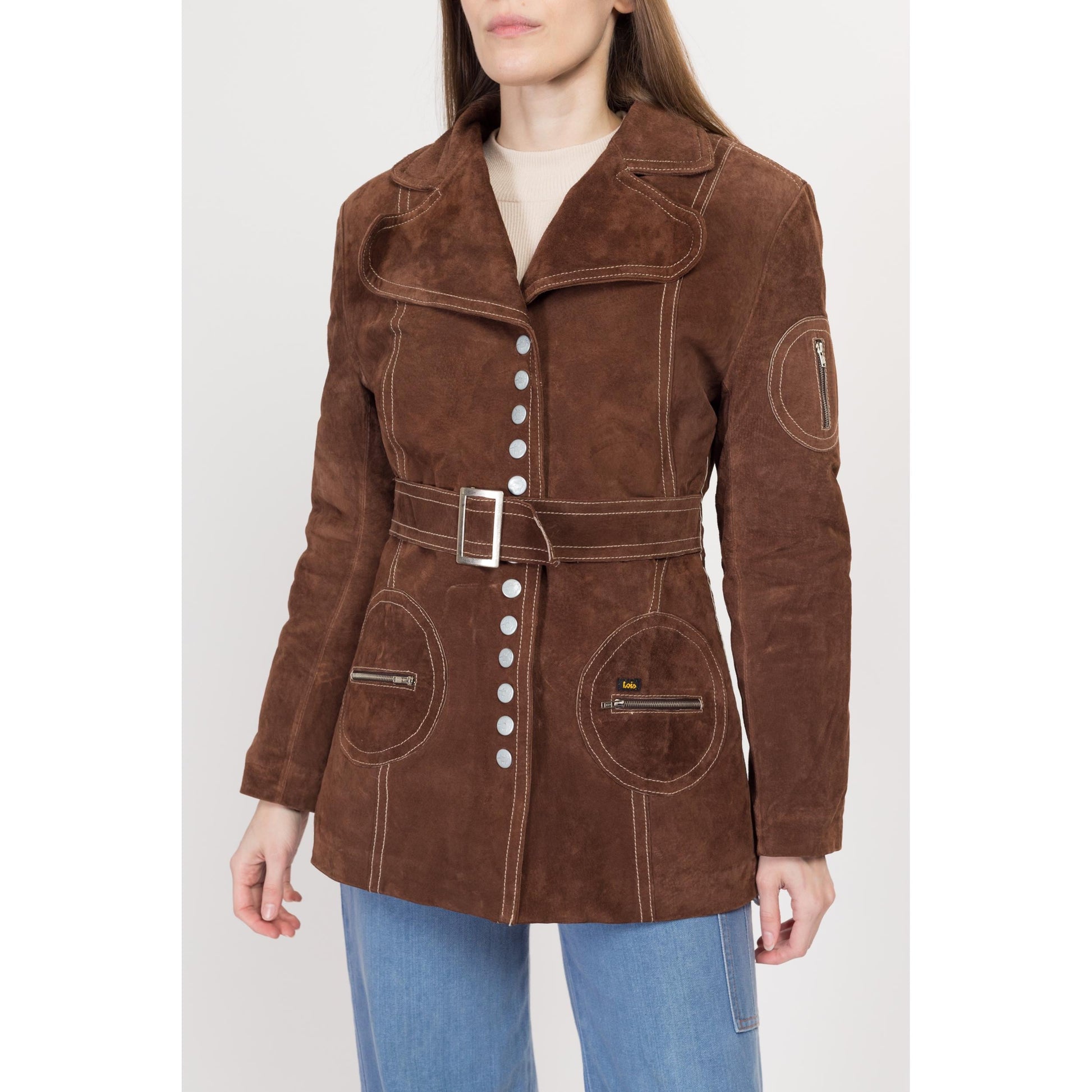 XS 70s Style Brown Suede Belted Jacket | Y2K Vintage Retro Snap Up Boho Mod Short Coat