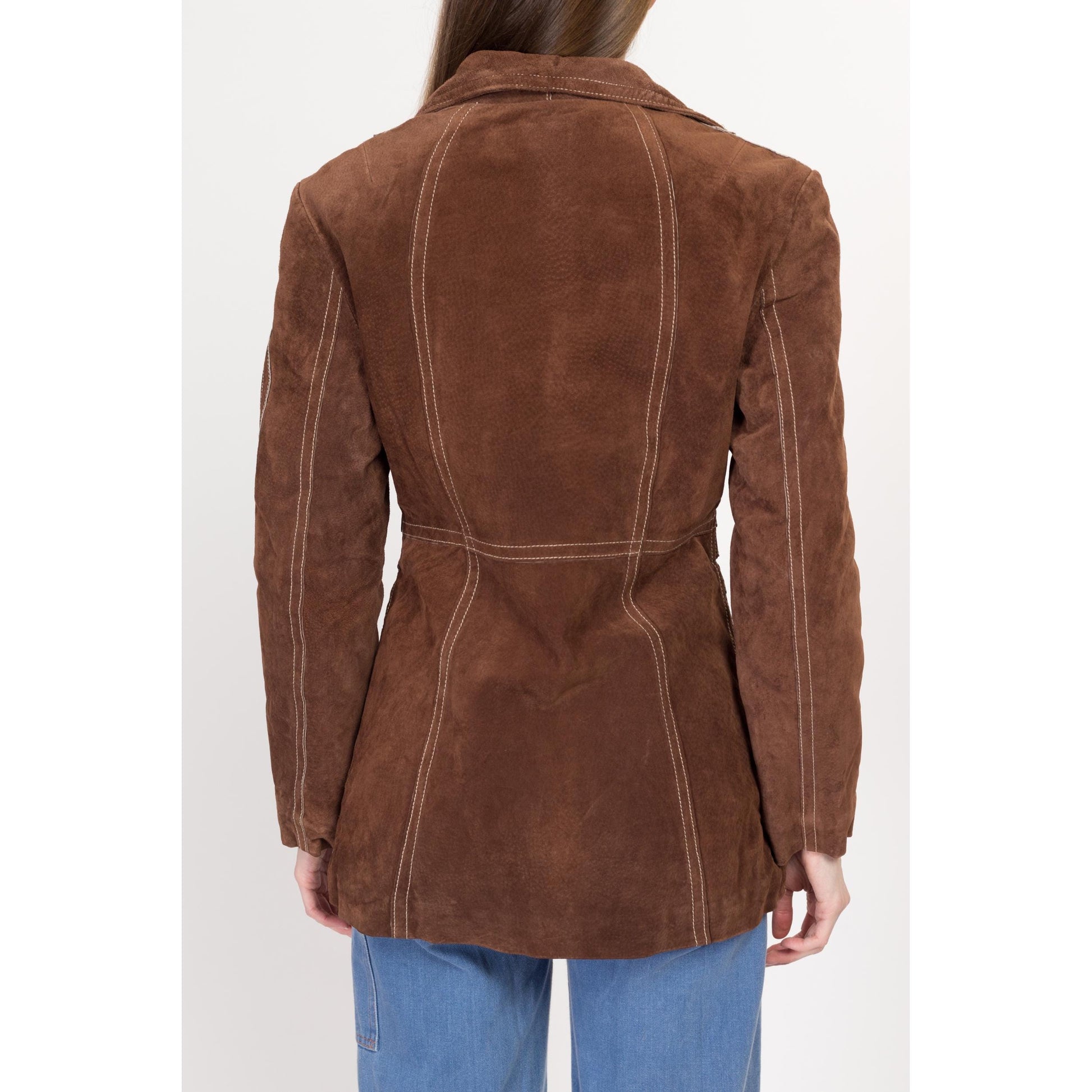 XS 70s Style Brown Suede Belted Jacket | Y2K Vintage Retro Snap Up Boho Mod Short Coat